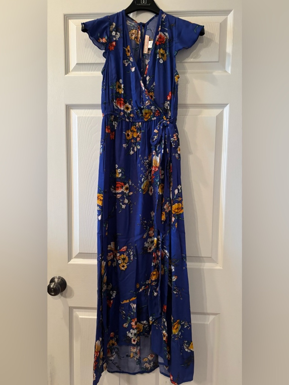 Floral Wrap Maxi Dress in Royal Blue with elastic waist & pockets Size XS